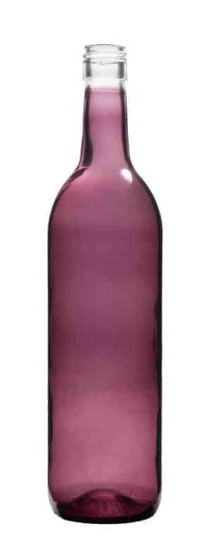 A pink looking wine bottle with a screw top finish.