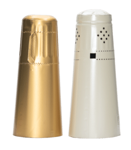 Two champagne foils, one gold and one white with perforation.
