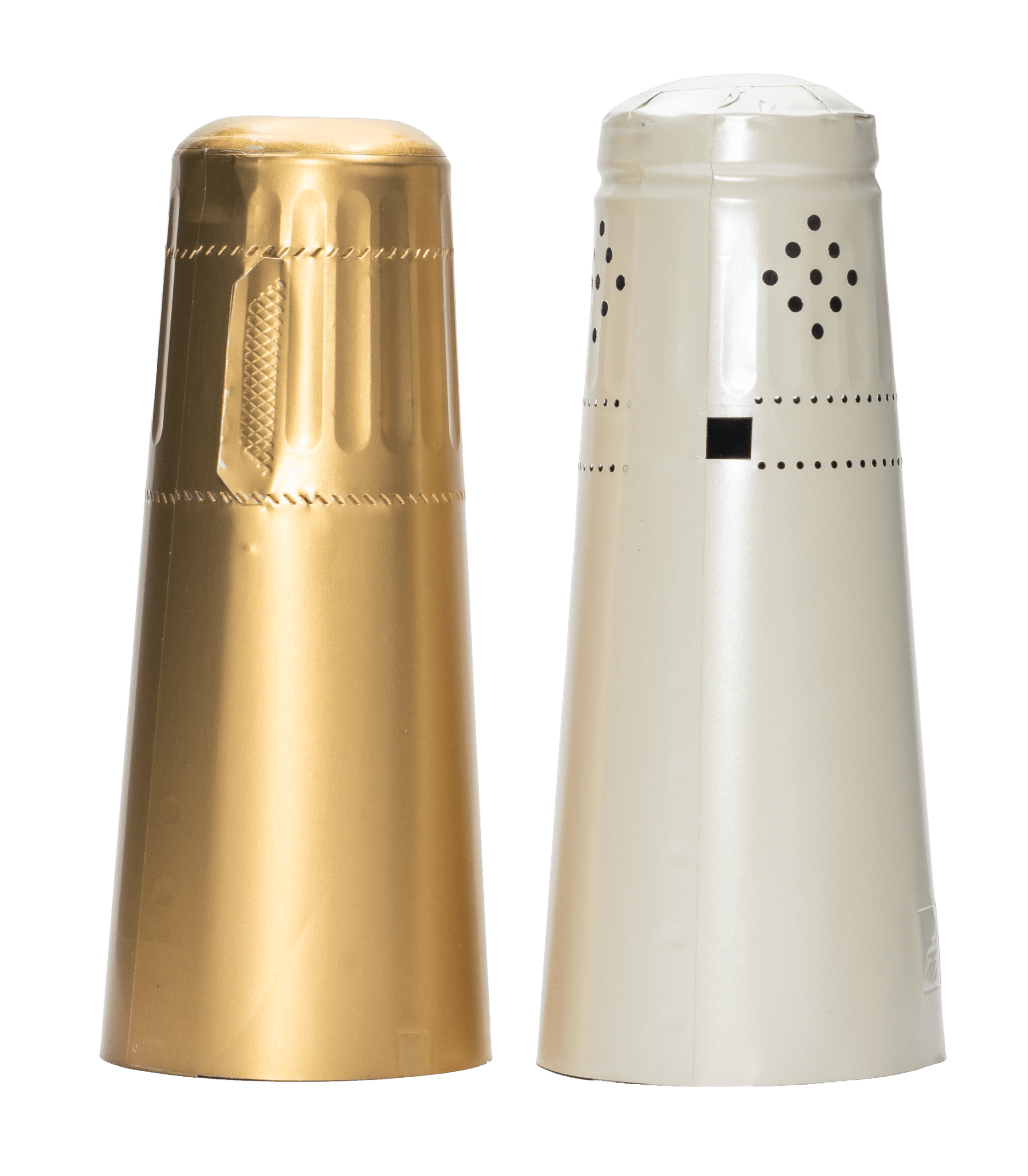 Two champagne foils, one gold and one white with perforation.
